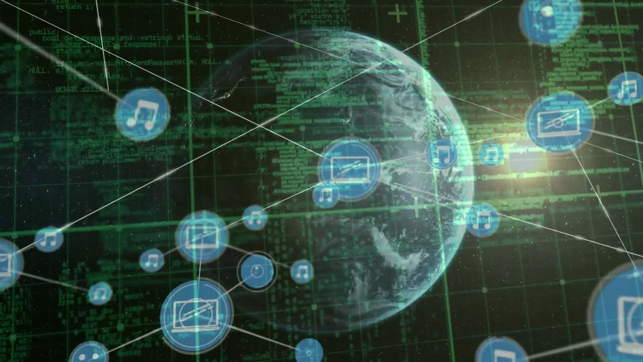 Animation of network of connections with icons over globe and data processing on black background