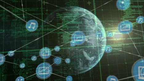 animación de la red de conexiones con iconos en todo el mundo y procesamiento de datos en fondo negro