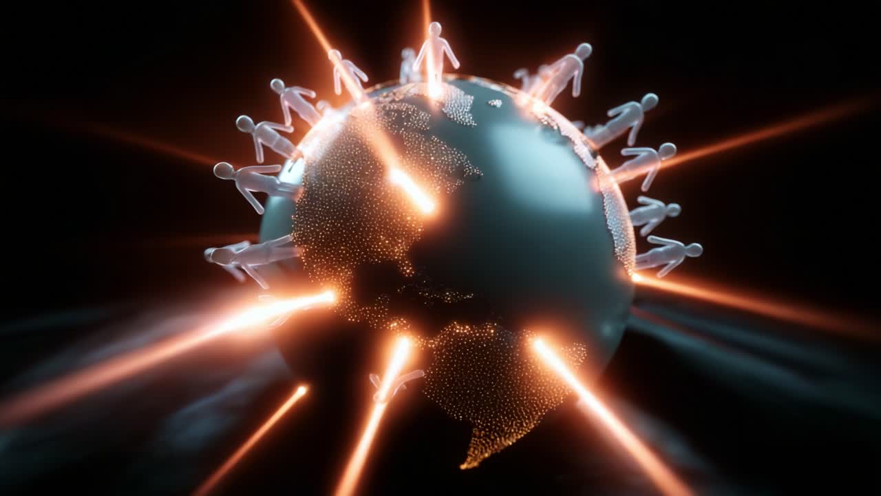 A vibrant and dynamic representation of interconnected humanity surrounding a glowing globe, illustrating the pivotal role of global connection and collaboration in today's digital world, with radiant beams of light symbolizing ideas and innovation
