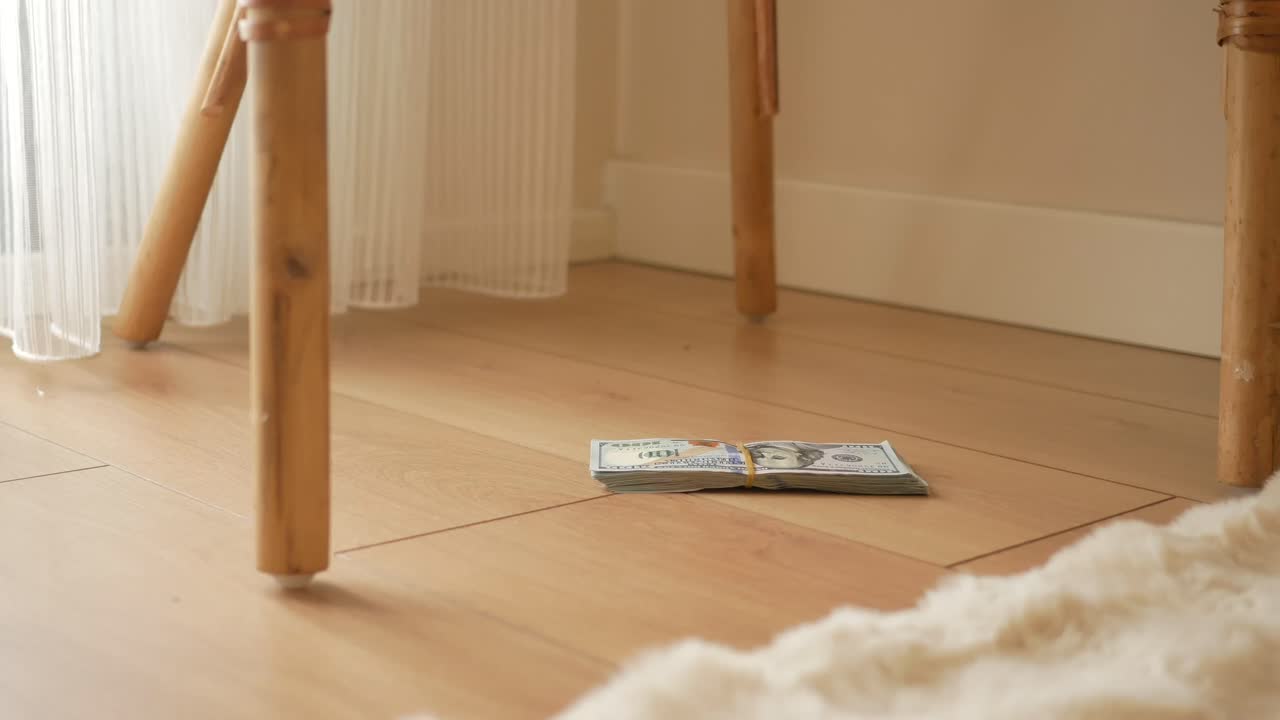 A Stack of Hundred Dollar Bills on a Wooden Floor