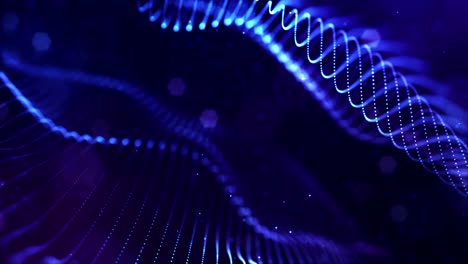 4k fondo de partículas de ciencia ficción en bucle con bokeh y efectos de luz. las partículas azules brillantes forman líneas, superficies, estructuras complejas en movimiento suave como en el microworld o el espacio. 3