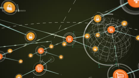 animation of a network of connected orange shopping and security icons moving on dark background