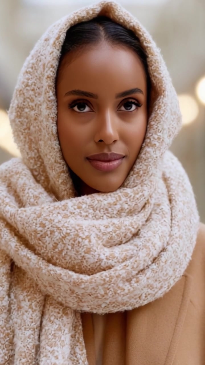Uma Mulher Serena Elegantemente Envolta em um Cachecol Aconchegante e Macio, Irradiando Confiança e Beleza, Capturando Perfeitamente a Essência de Calor e Estilo na Fotografia de Moda