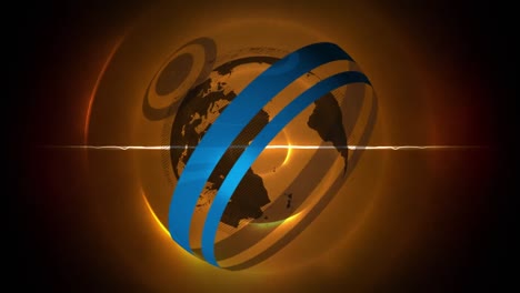 animation of spinning globe icon and light trail over concentric circles on yellow background