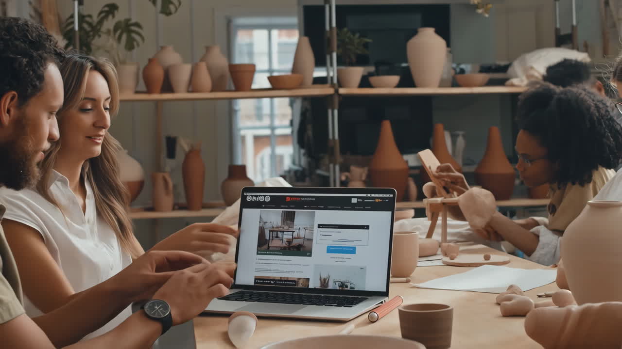 People Collaborating and Crafting in a Pottery Workshop