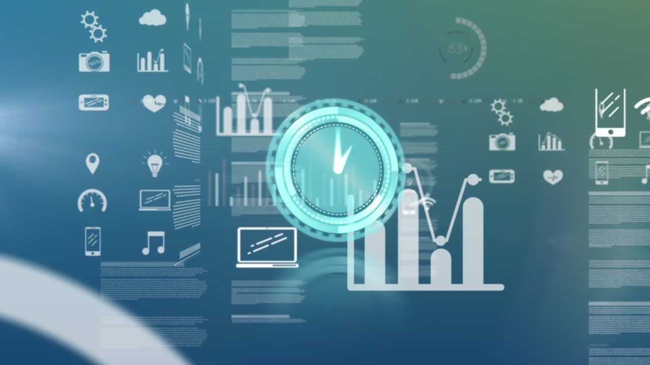 Animation of digital clock over multiple icons and text against abstract background