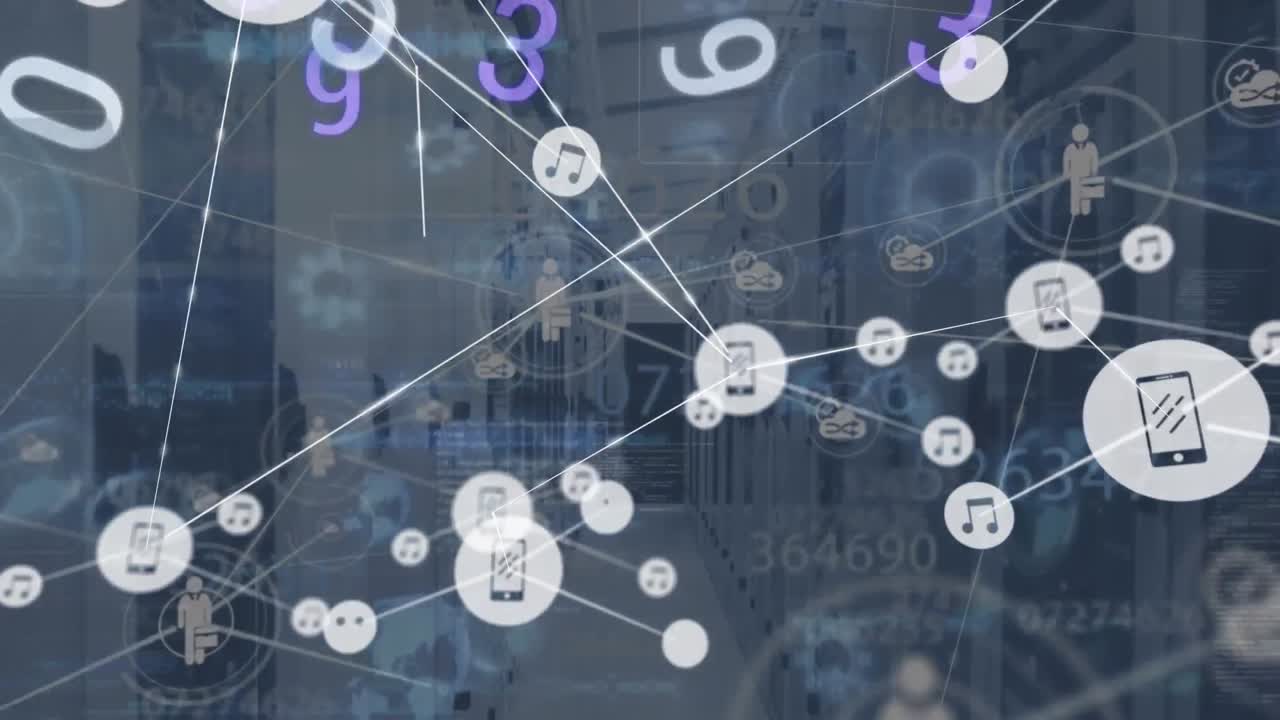 animación de la red de conexiones con iconos a través de servidores informáticos