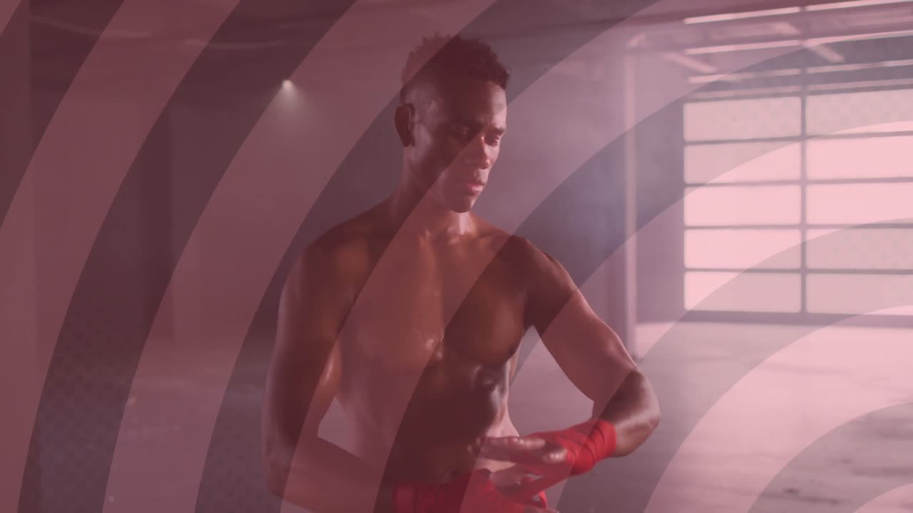 그의 손에 리본을 감싸고 떠다니는 원의 애니메이션