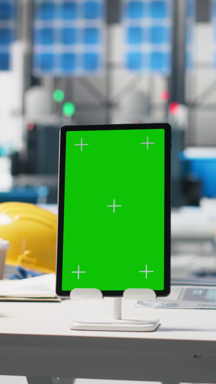 Vertical Video Empty desk with copy space screen on laptop in a solar panels factory