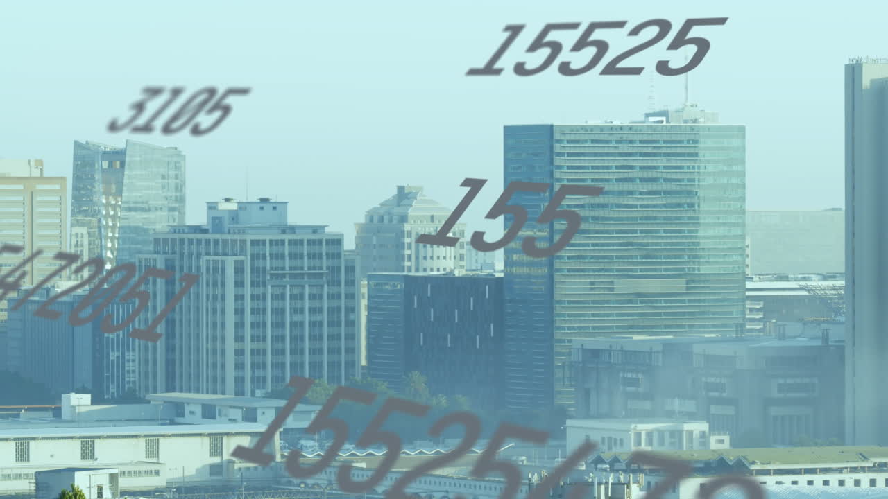 도시 풍경의 공중 전망에 맞춰 여러 번 변하는 숫자의 애니메이션