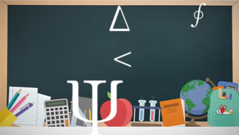 animation of mathematical equations and school icons with blackboard