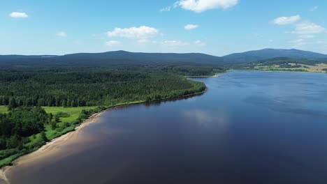 cinematic drone view of a blue lake and a large green forest that stretches right next to the lake