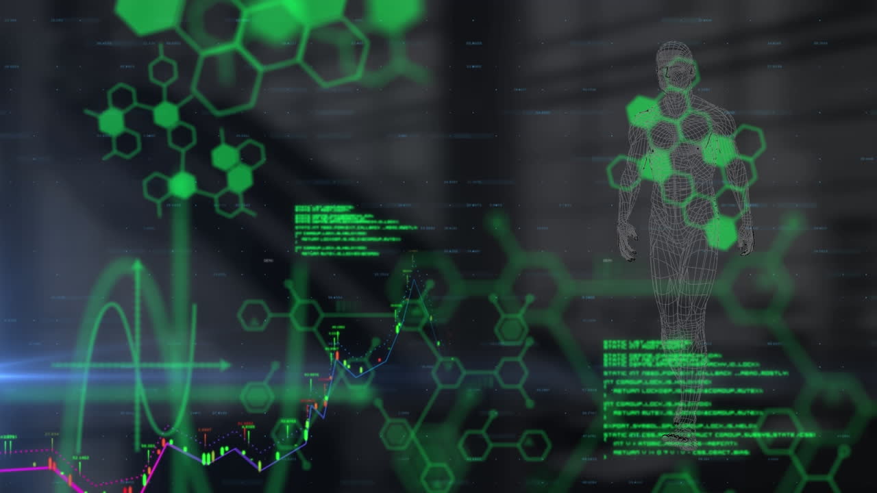 animación del procesamiento de datos y humano digital sobre la sala del servidor