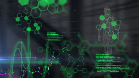 animación del procesamiento de datos y humano digital sobre la sala del servidor