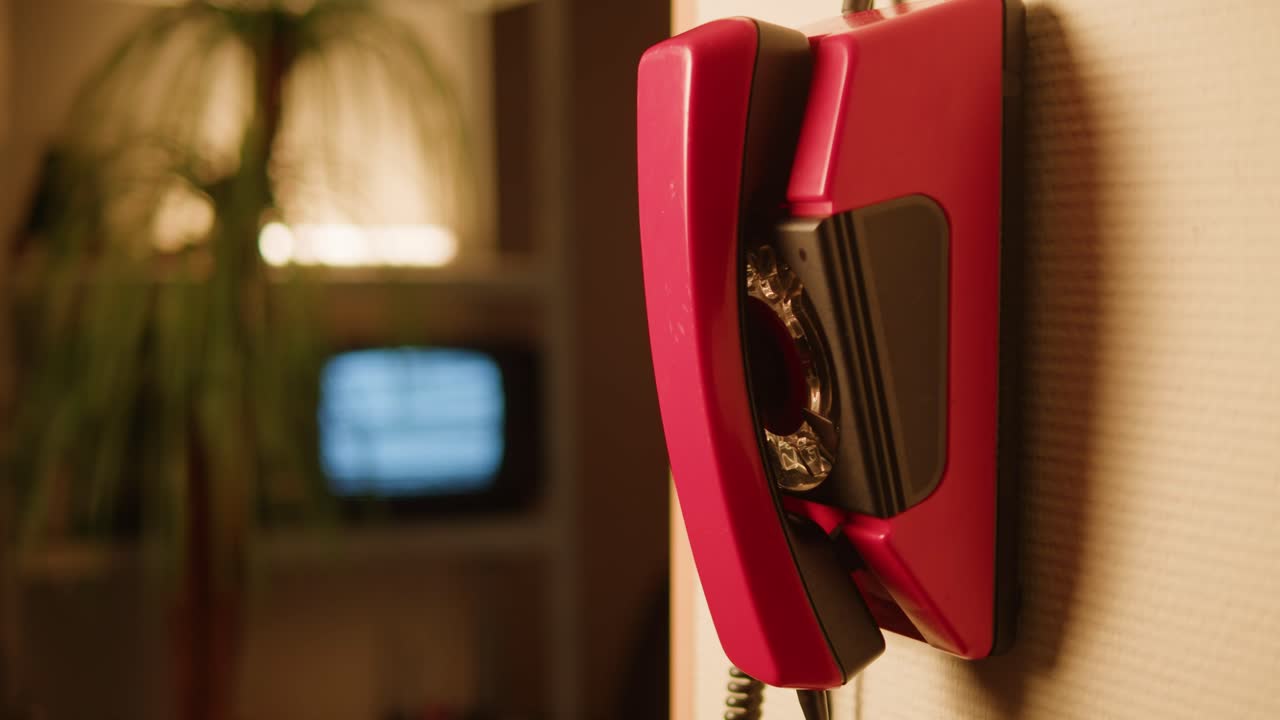 Retro vintage phone, red rotary telephone is displayed on a wooden desk, adding a nostalgic touch