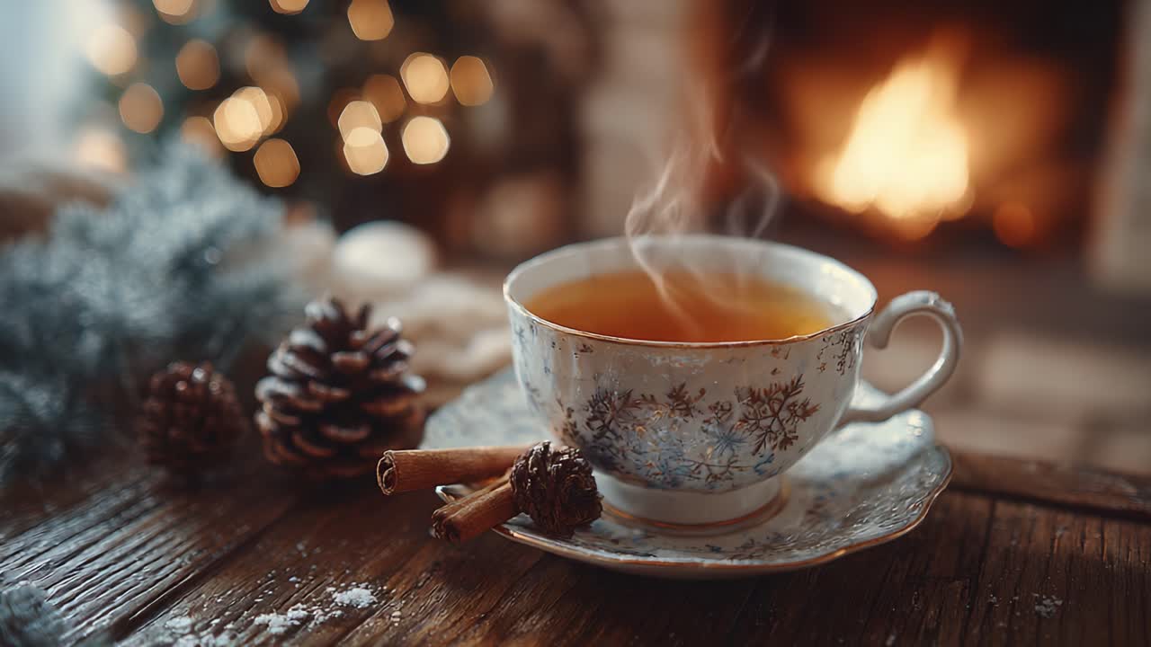 Warm Winter Ambiance: A Cozy Cup of Tea with Cinnamon Sticks and Pinecones by the Fireplace, Embracing the Comfort of the Holiday Season