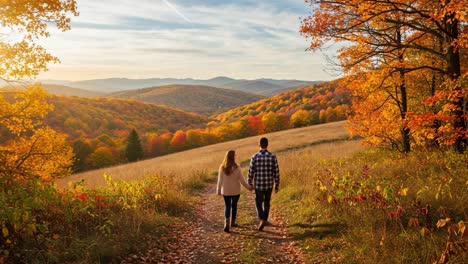 a couple walking hand-in-hand on a path through a vibrant autumn mountain landscape
