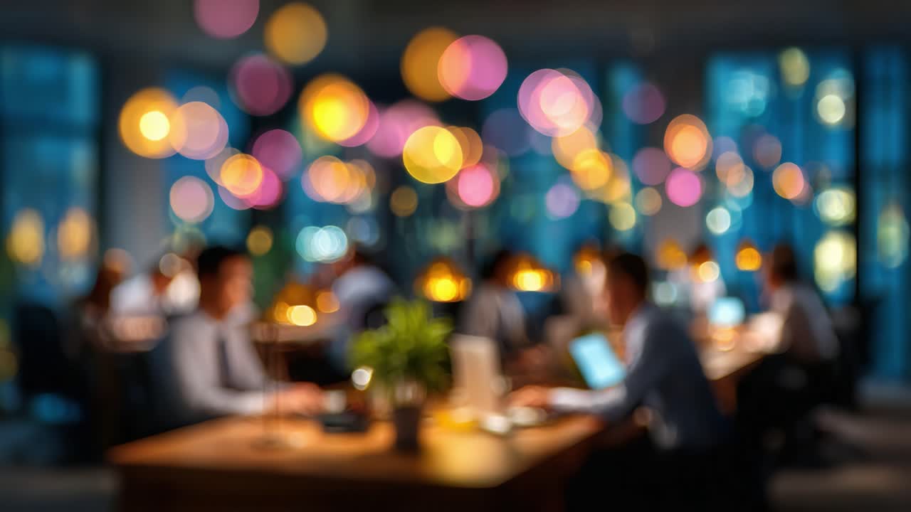 A Vibrant Workspace Illuminated by Colorful Bokeh Lights Creating a Dynamic Atmosphere for Focused Collaboration in an Office Setting