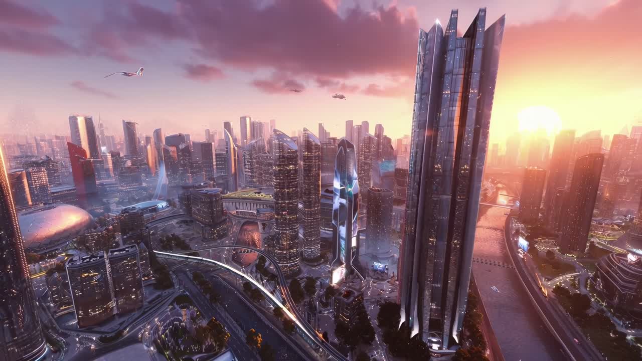 Futuristic cityscape at sunset, aerial view. Ideal for sci-fi video backdrops. Live desktop