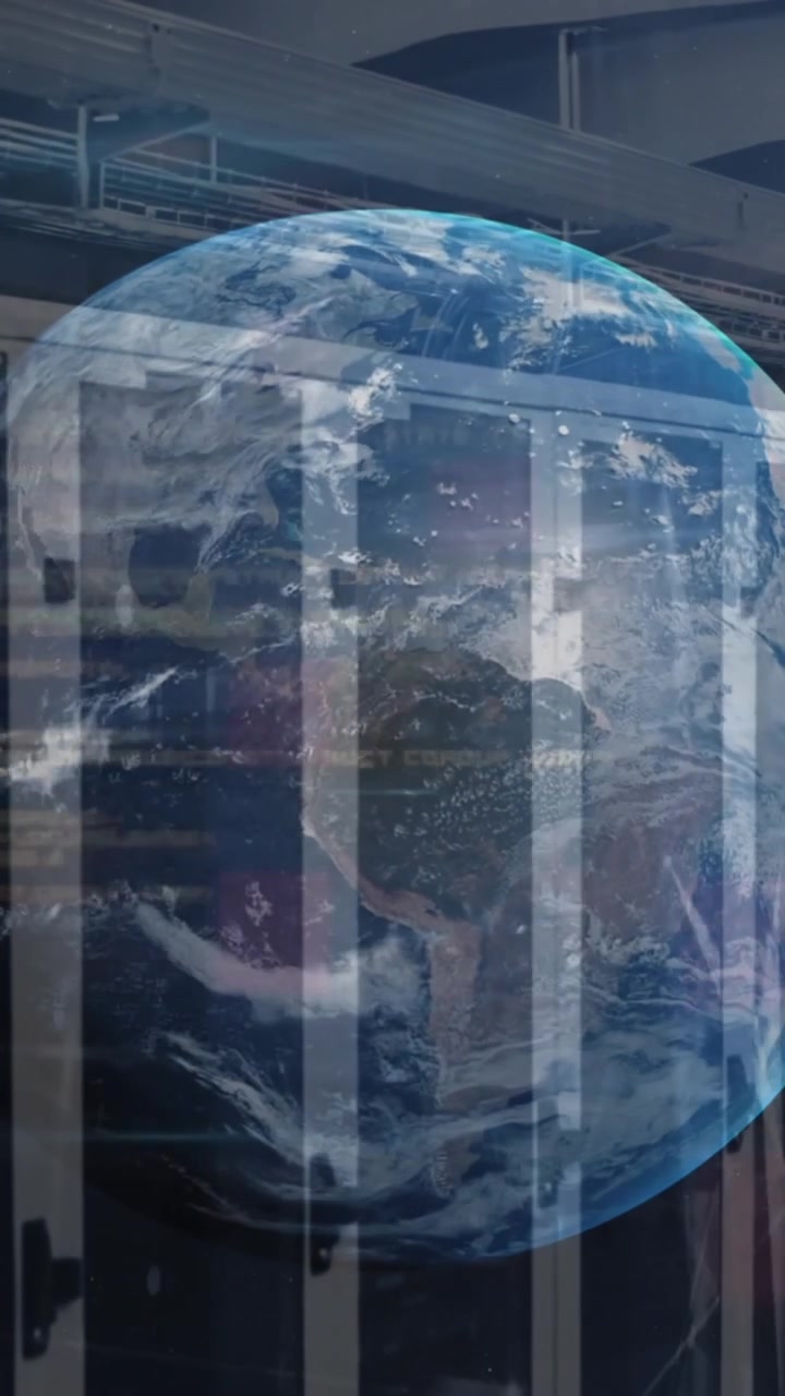 Animation of globe, data processing and plexus networks against computer server room