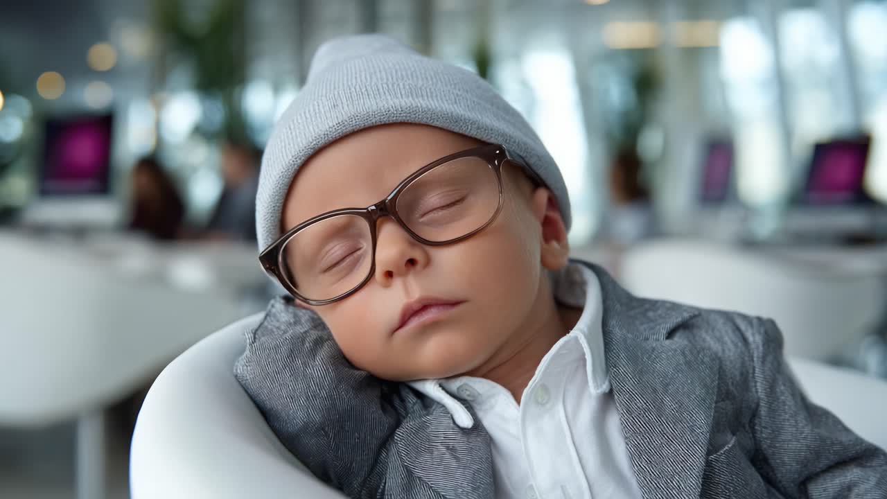 Bebè adorabile con un abbigliamento alla moda, occhiali e berretto, che dorme beatamente in un ambiente ufficio moderno, catturando l'essenza dell'innocenza e del relax
