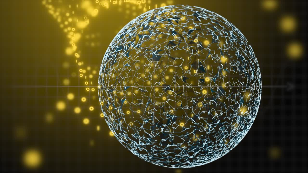 The abstract high-tech digital tunnel with rows of numbers and red polygonal sphere on the forefront flickering and moving on big speed.