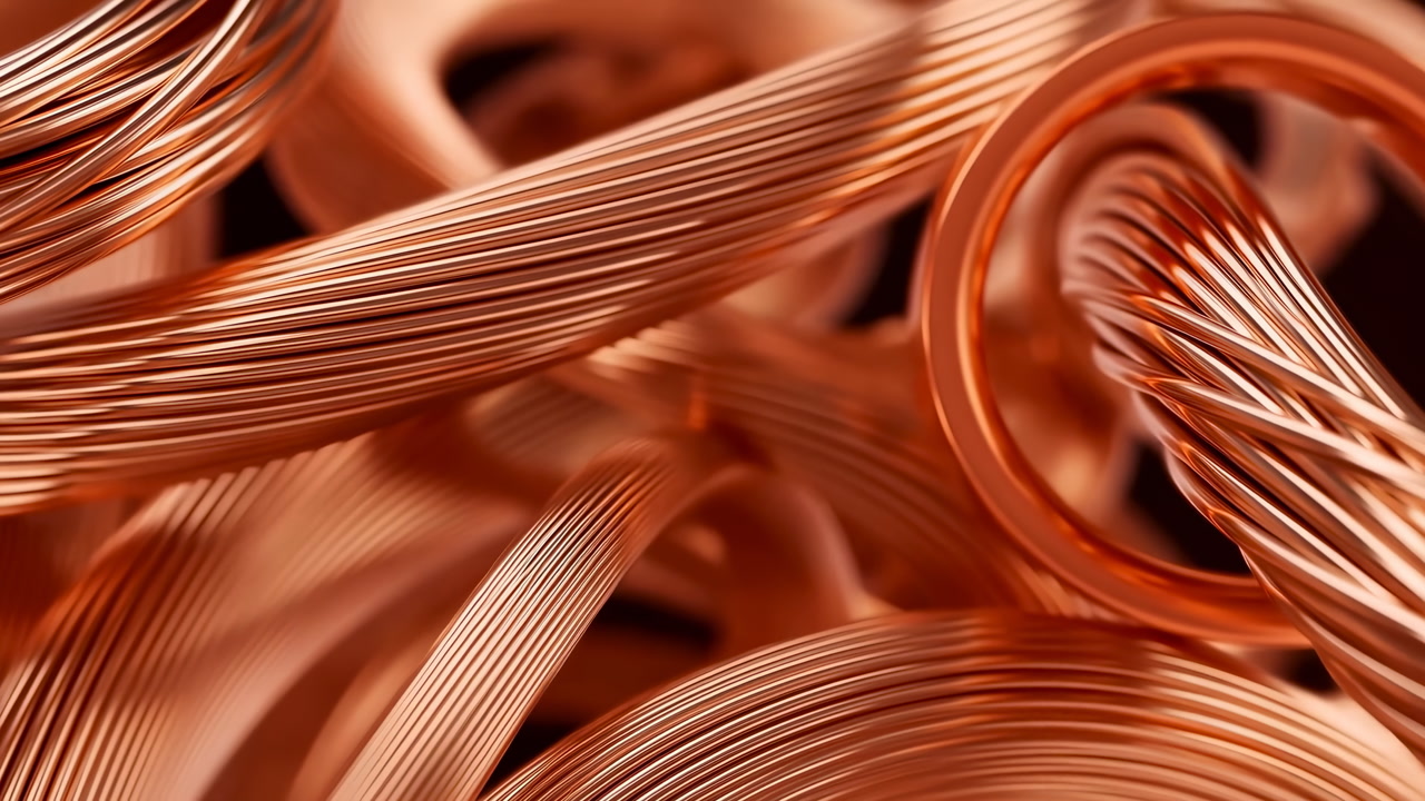 Macro Copper Wire Tangle Close Up, Shiny Braided Conductors And Coiled Strands In Warm Metallic Tones, High