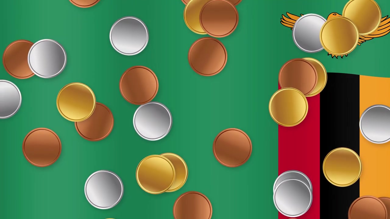 Gold, Silver, and Copper Coins Falling Over Zambia Flag Background