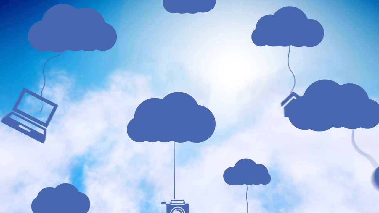 animación de una red de nubes digitales e iconos sobre el cielo