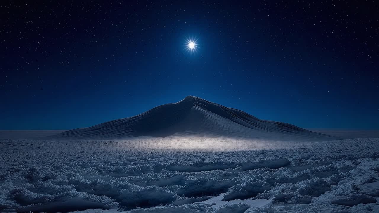 A breathtaking view of a snow-covered mountain illuminated by a starry night sky, showcasing the beauty of winter's serene landscape under a brilliant celestial display