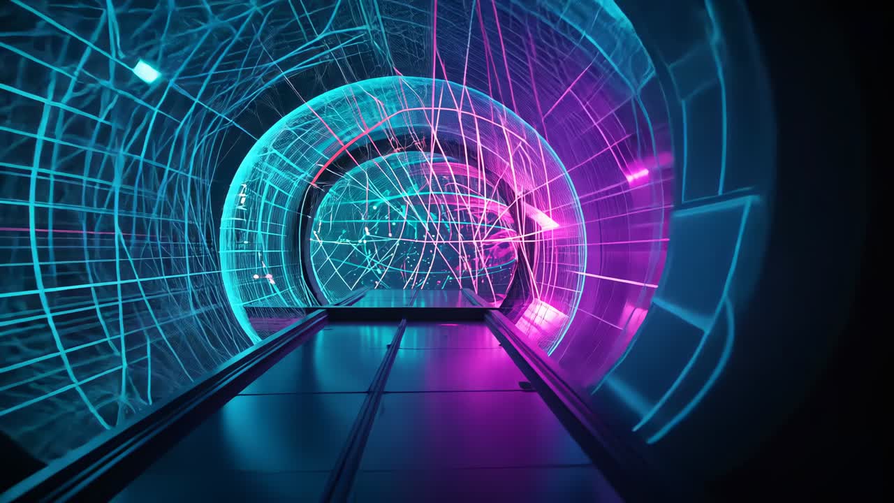 Moving perspective camera through neon-lit tunnel walkway, revealing rotating wireframe sphere