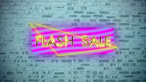 animación digital del texto de venta flash en forma de triángulo de neón contra una pared de ladrillo gris en el fondo