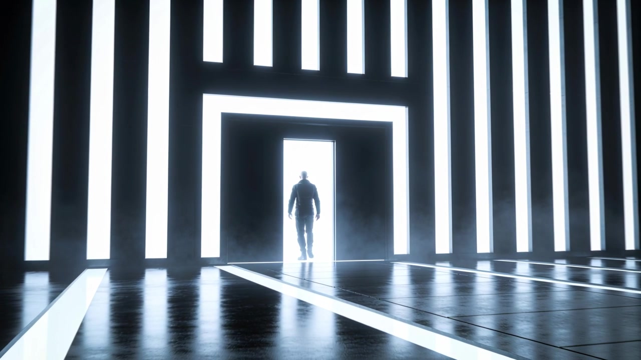 Bright doorway drawing shadowed man in dark coat in studio, walking through vertical lights and fog
