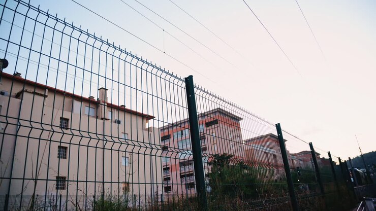 Treno passeggeri in transito, inquadrato da cavi elettrici aerei ed edifici circostanti