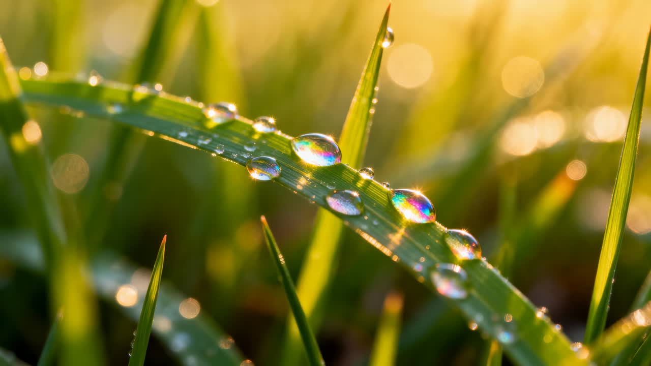 Glinting curved grass blade revealing rainbow in dew droplets in meadow as morning light warming