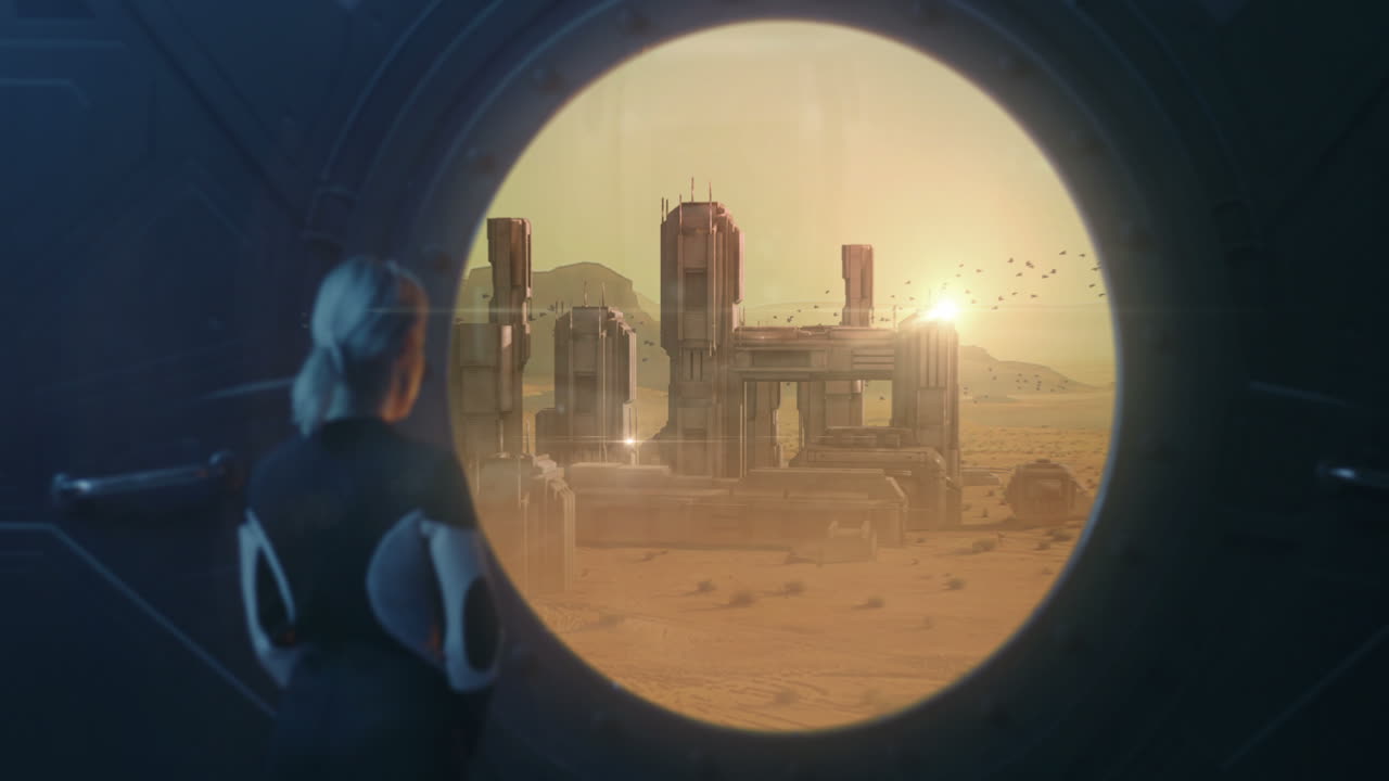 Woman Looking at Alien Desert Landscape from Spaceship Window