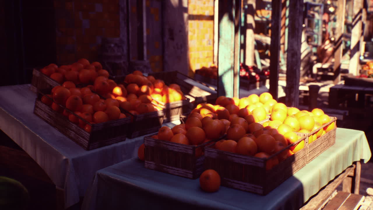 야외 시장 에 전시 된 신선 한 오렌지