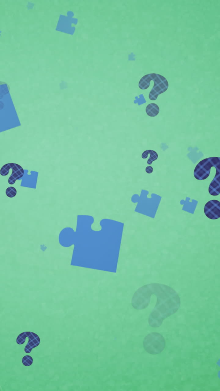 Animation of puzzles and question marks floating over green background
