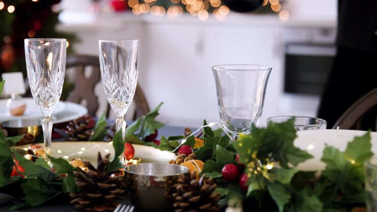 Mid section of a woman placing a bottle of champagne on a dining table decorated for Christmas dinner, selective focus