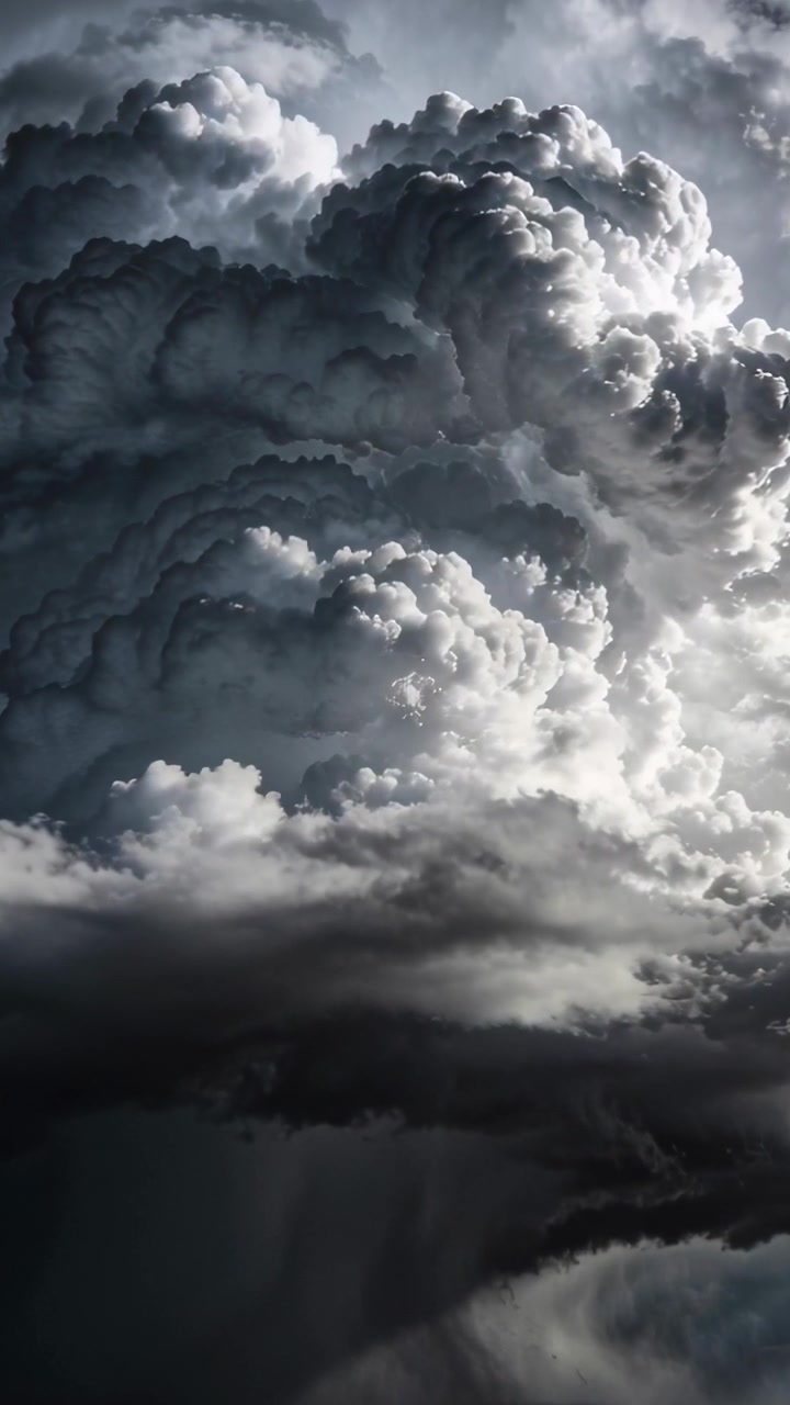 Vertikal video: Kamera panorerer opad, mens en cumulonimbus-sky intensiveres og danner en regnsøjle.
