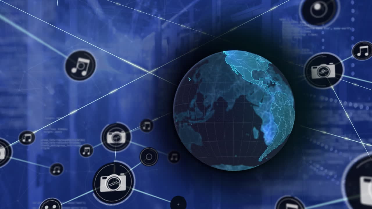 컴퓨터 서버 에 대한 디지털 아이콘 네트워크, 글로브 및 데이터 처리의 애니메이션