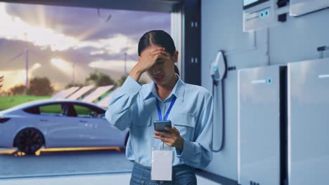 asian female with her smarphone with home energy storage system in a modern garage, she is nodding her shead with dissapionted