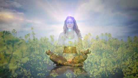 animation of glowing light over woman practicing yoga over yellow flowers and sky