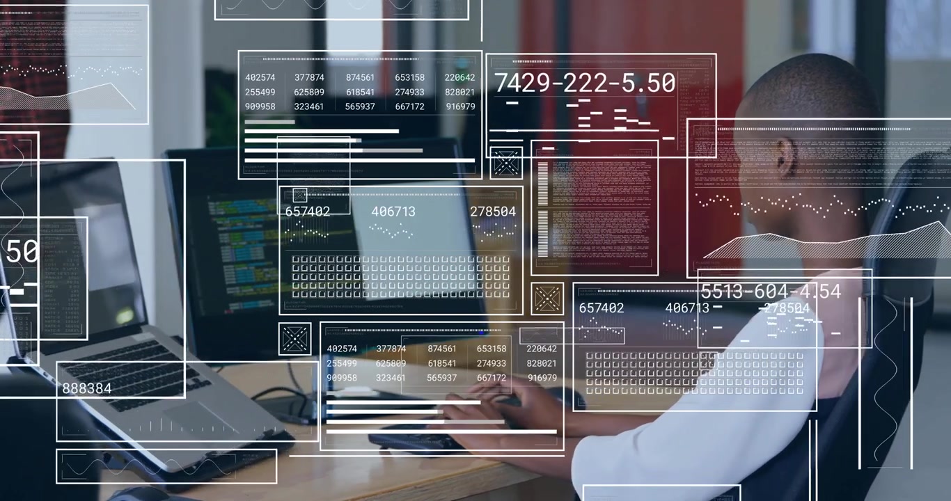 Female coder typing code, analyzing data using animated tech overlay as coworker observes