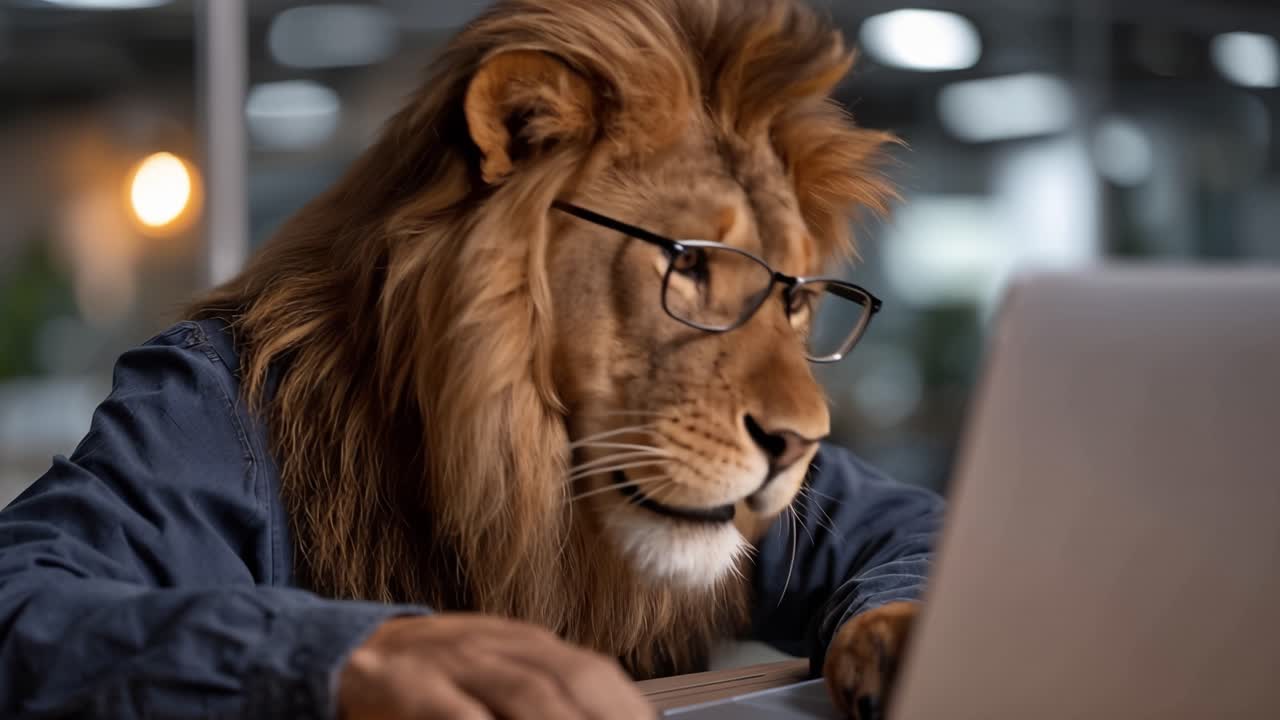 Løve iført briller, der taster på en bærbar computer. Fokuseret, rolig, seriøs, eftertænksom. Kontormiljø, moderne, professionelt. Ideel til forretnings-, teknologi- eller virksomhedstemaer. Ingen andre dyr eller planter synlige.