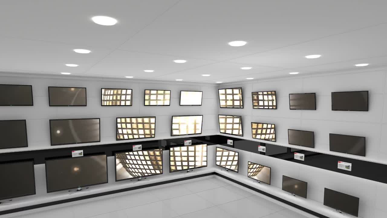 여러 텔레비전의 스크린에서 동기화 된 비디오를 재생 하는 전자 제품 상점의 내부