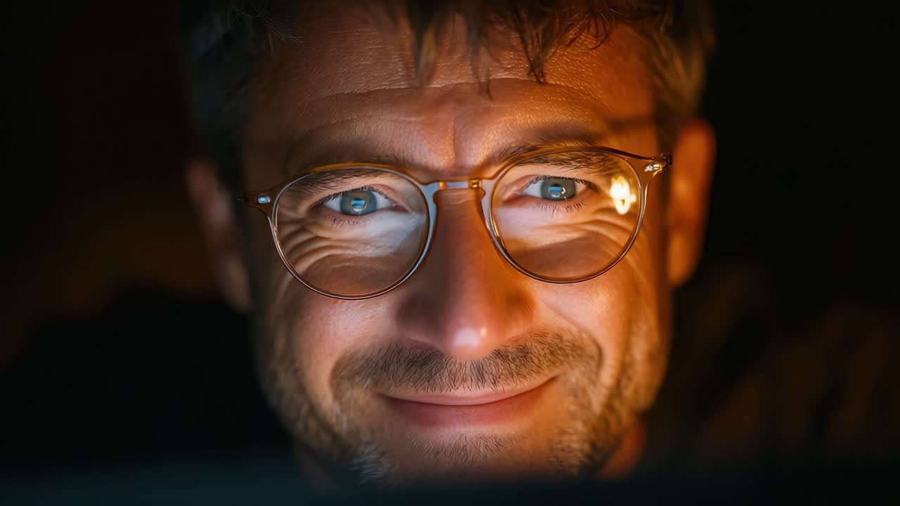 Close-Up Portrait of a Smiling Man with Glasses Illuminated by Soft Light, Showcasing Expressions and Emotions in a Natural Setting