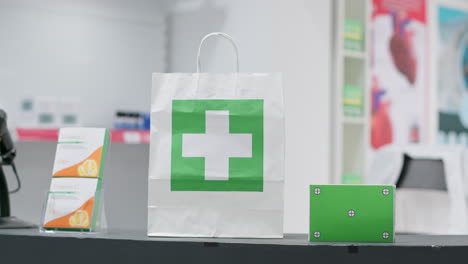 empty pharmacy with pills and vitamins at cash register