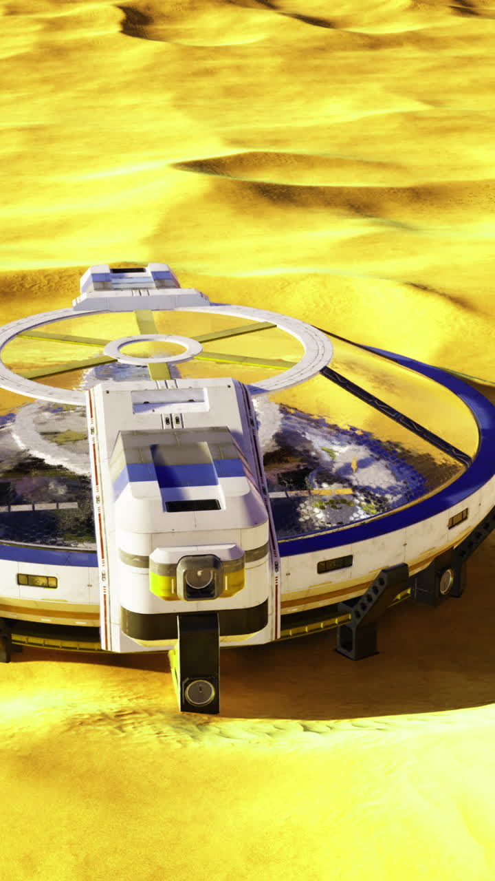 Research vessel conducting experiments on a distant golden planetary surface