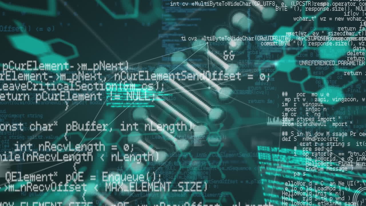 animación de la cadena de adn y procesamiento de datos sobre un fondo negro